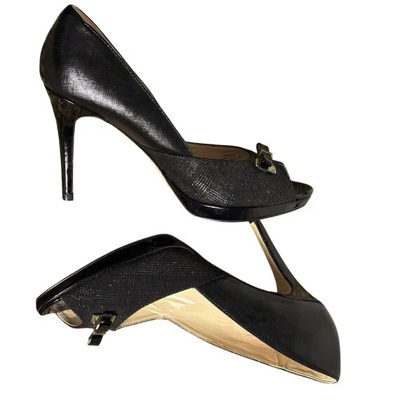 Marc Fisher 9.5M Black Peep-Toe Heels With Bow Accent Textured Finish & Stiletto - Picture 5 of 11